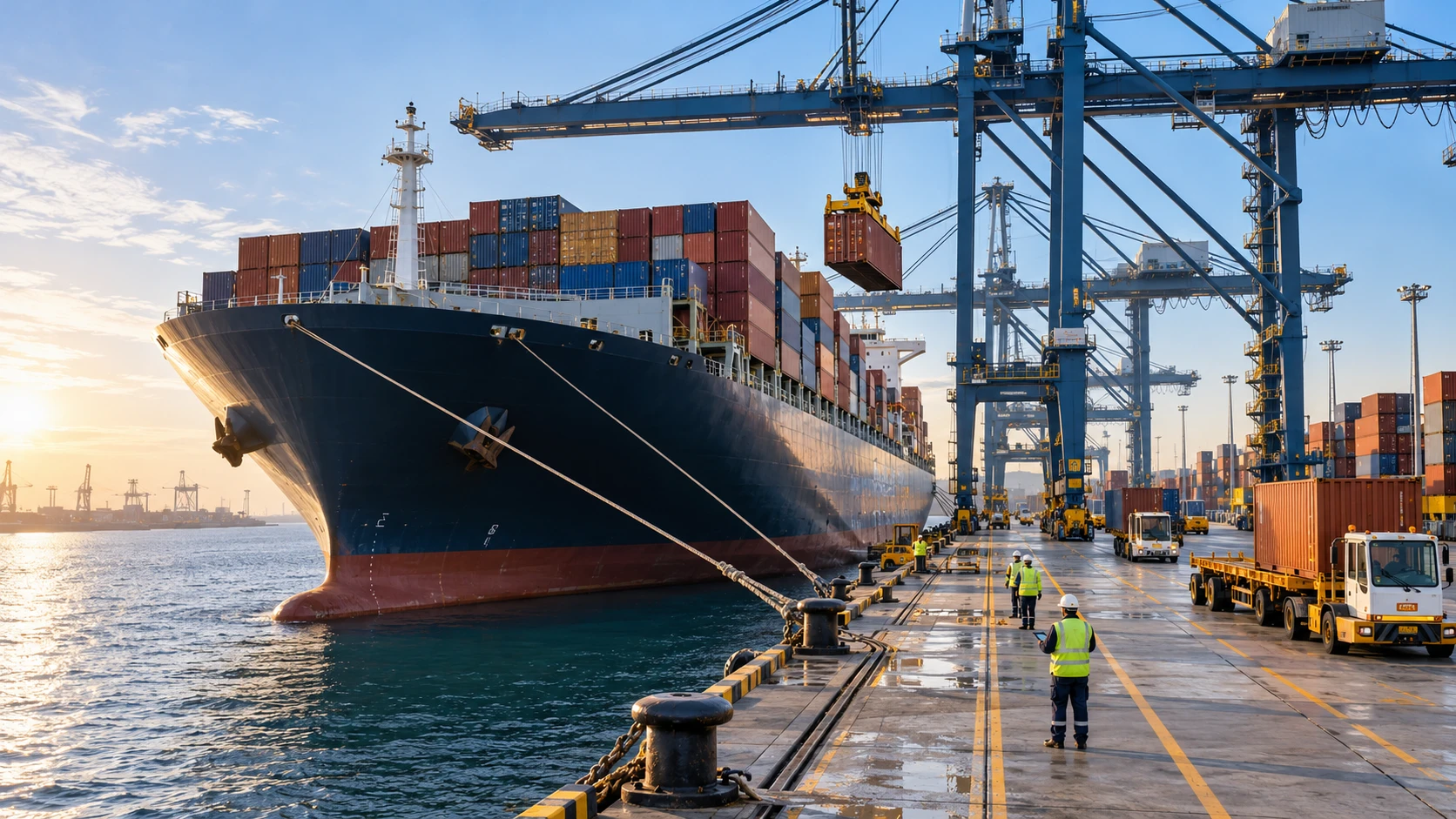 Barco portacontenedores atracado en puerto mientras una grúa carga un contenedor