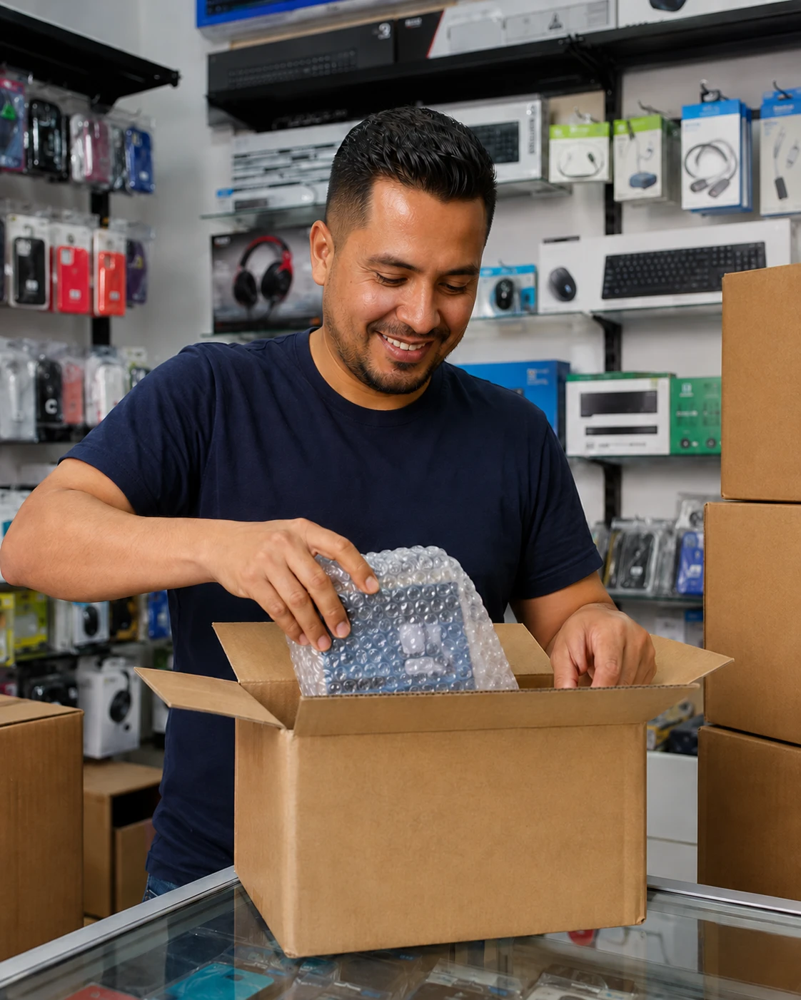 Comerciante de electrónicos recibiendo en su local la caja que importó con Colcarga Logistics